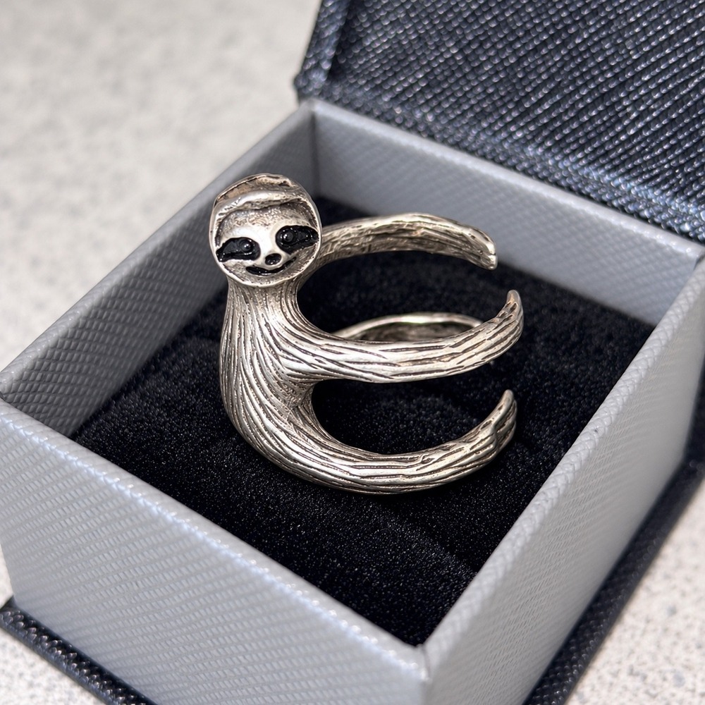 Antiqued Silver Tone Sloth Wrap Ring Adjustable Animal Hug Jewelry